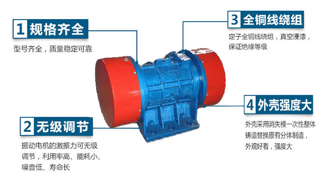 VB振動電機特點：1，規格齊全：型號齊全，質量穩定可靠。2，無極調節：振動電機的激振力可無極調節，利用率高，能耗小，噪音低，壽命長。4，外殼輕度大：外殼采用消失模一次性整體鑄造替換原有分體制造，外觀好看，強度大。