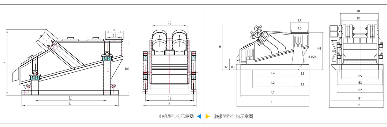 礦用振動篩電機振動式和激振器振動式的內部結構尺寸圖。