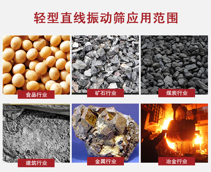 輕型直線振動篩應用范圍較廣多使用與顆粒狀，粉狀以及其它重型行業的輸送。