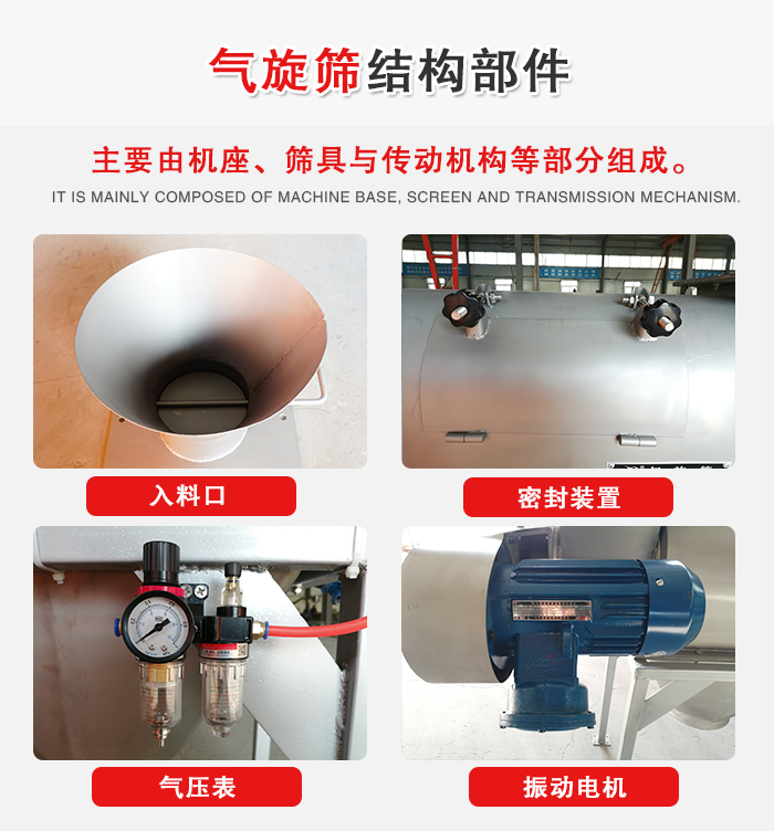 氣旋篩結構：入料口，密封裝置，電機，氣壓表等