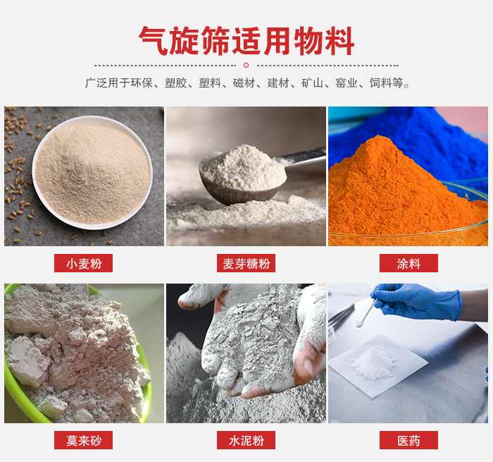 氣旋篩適用物料：小麥粉，麥芽糖粉，涂料，等粉狀物料。